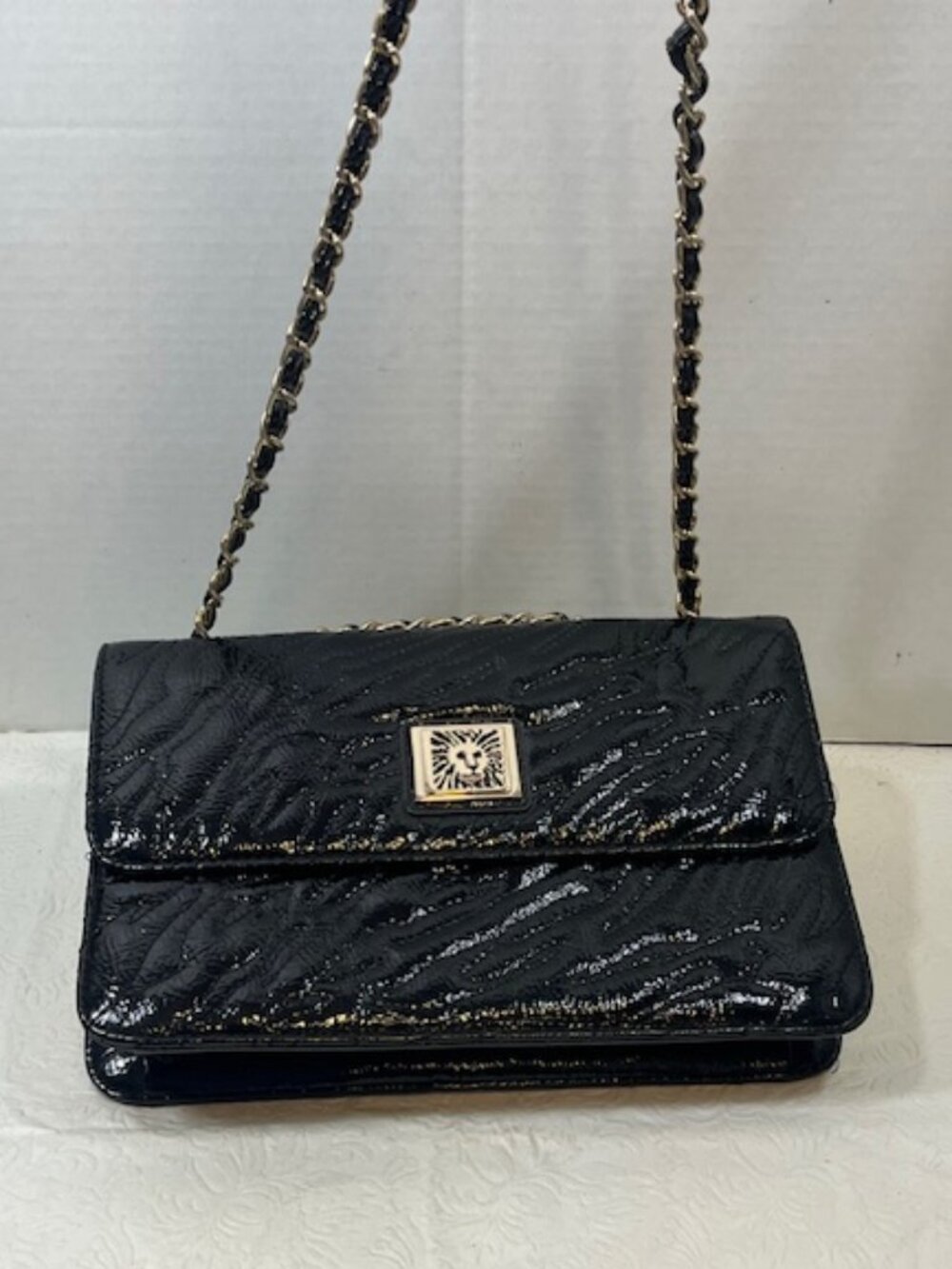 VTG Anne Klein Black Quilted-Style Patent Leather Purse Logo Handbag 10.5"x7"